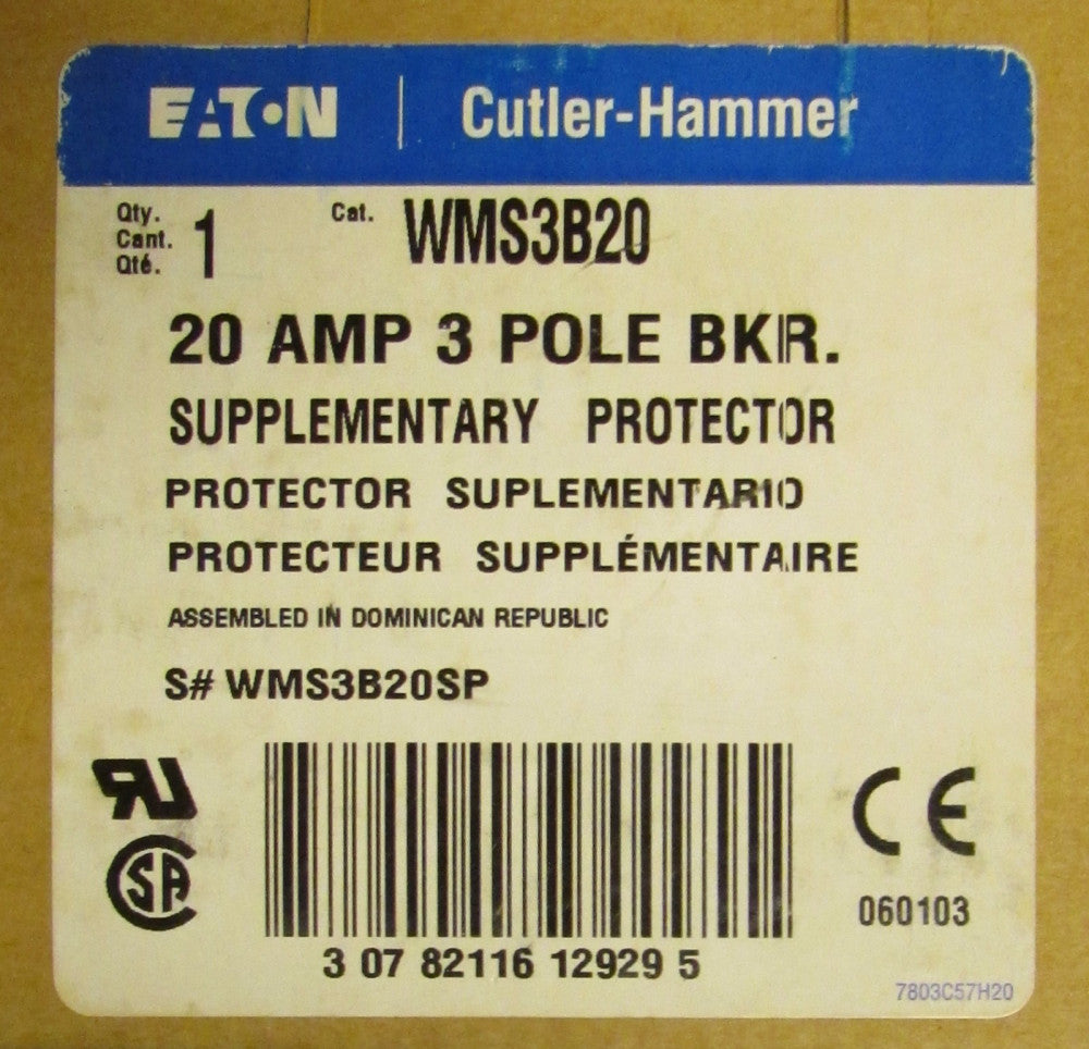 EATON CUTLER HAMMER Supplementary Protector Breaker 3 Pole 20 Amp WMS3B20