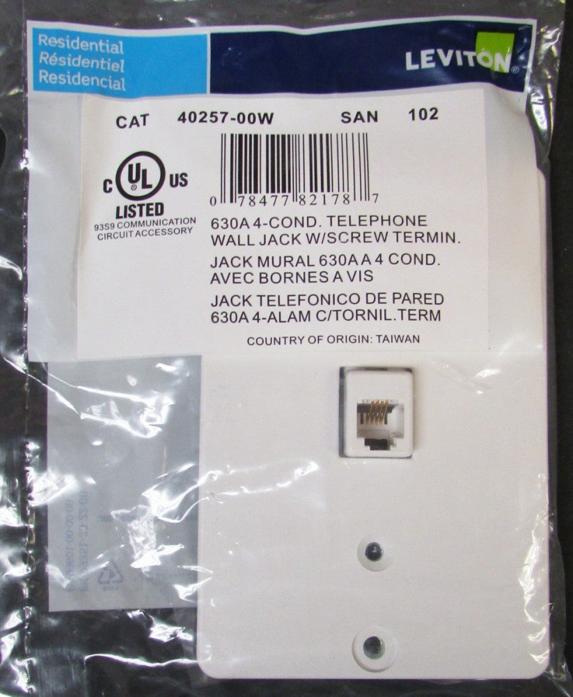LEVITON SAN 102 40257 00W 40257-W 630A 4-COND Telephone Wall Jack White