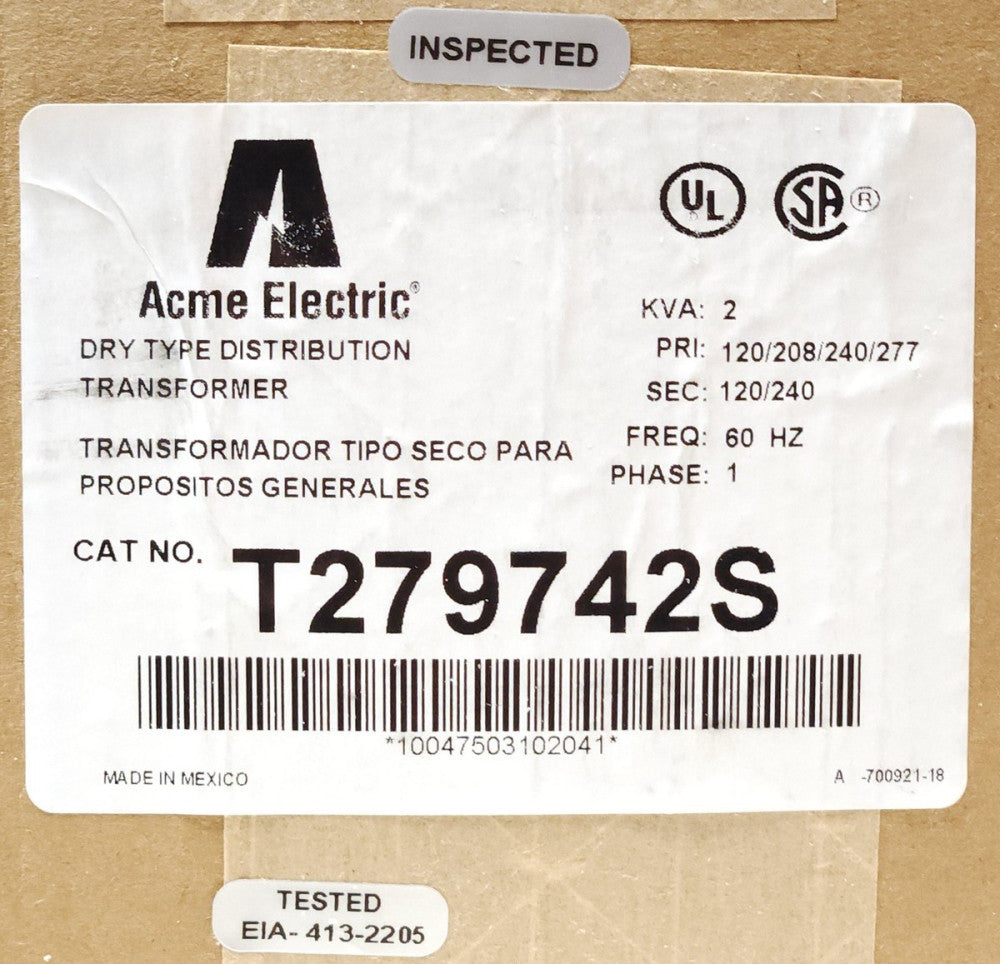 ACME ELECTRIC T279742S General Purpose Transformer 2 KVA Single Phase Primary