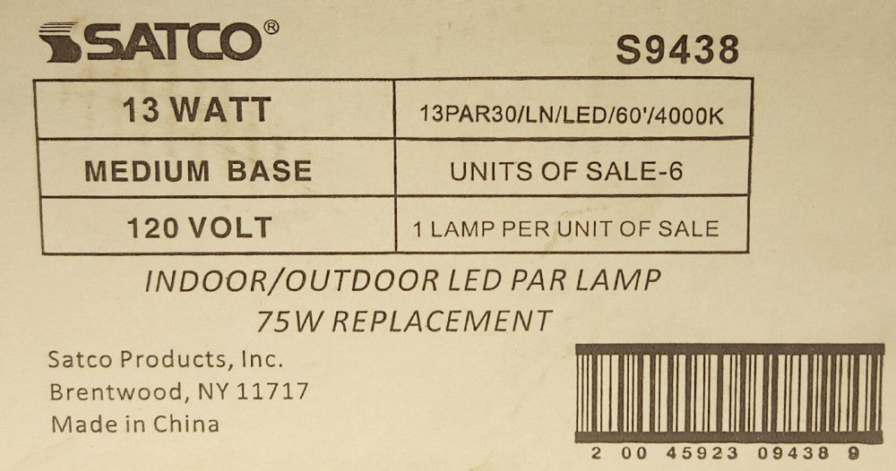 BOX CASE OF 6 SATCO S9438 PAR30 LN WFL 13W LED 120 VAC Indoor Outdoor DIMMABLE