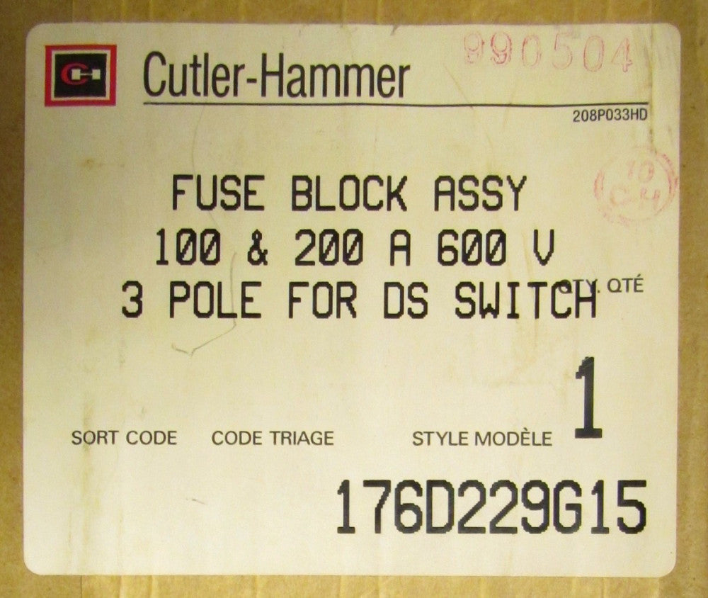 CUTLER HAMMER 3 Pole 100 Amp & 200 Amp DS Switch Fuse Block Assembly 176D229G15