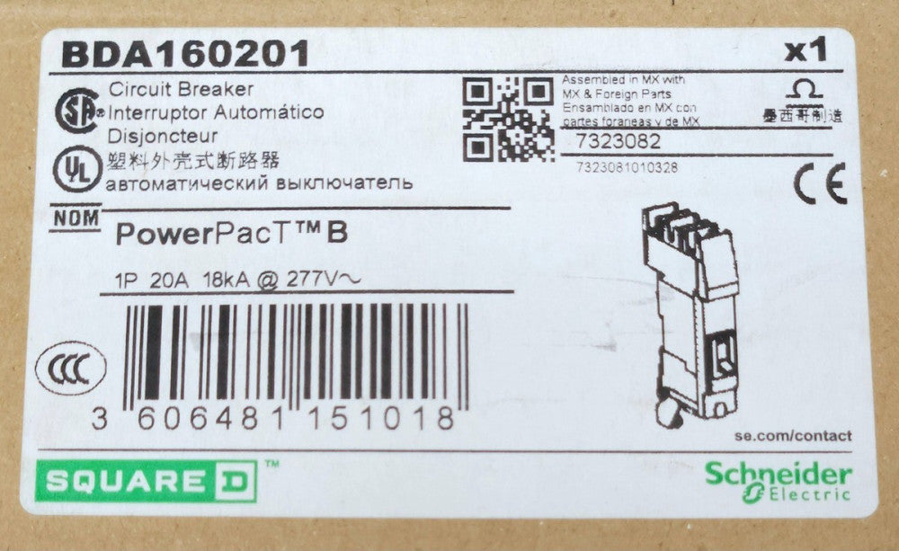 SQUARE D BDA160201 Single Pole 20 AMP Type BD20 Power Pact Circuit Breaker 277 V