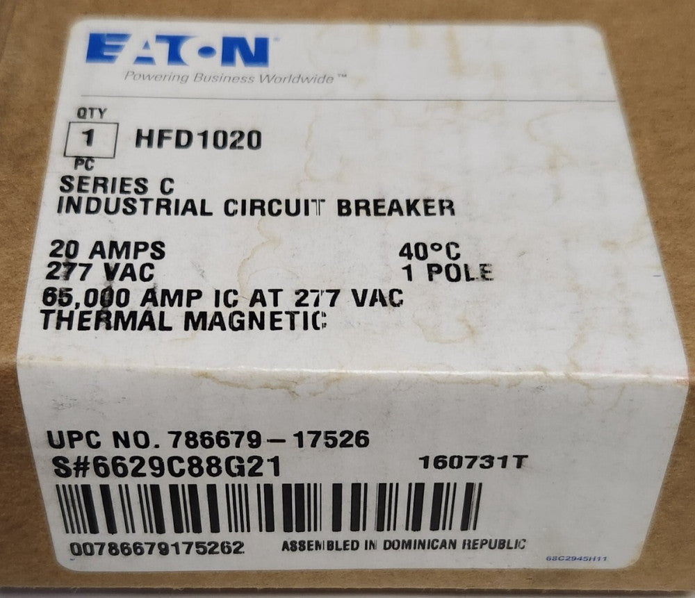 EATON CUTLER HAMMER HFD1020 Single Pole 20 AMP Type HFD Circuit Breaker