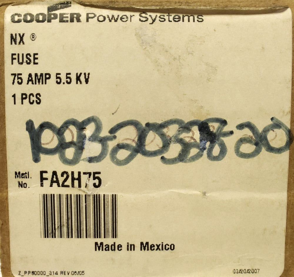 COOPER POWER EATON FA2H75 Type NX Fuse 5.5 kv 75 AMP