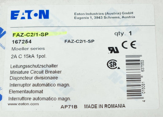 EATON FAZ C21 1 SP Single Pole 2 AMP XEFFECT Miniature Circuit Breaker FAZ C21 1