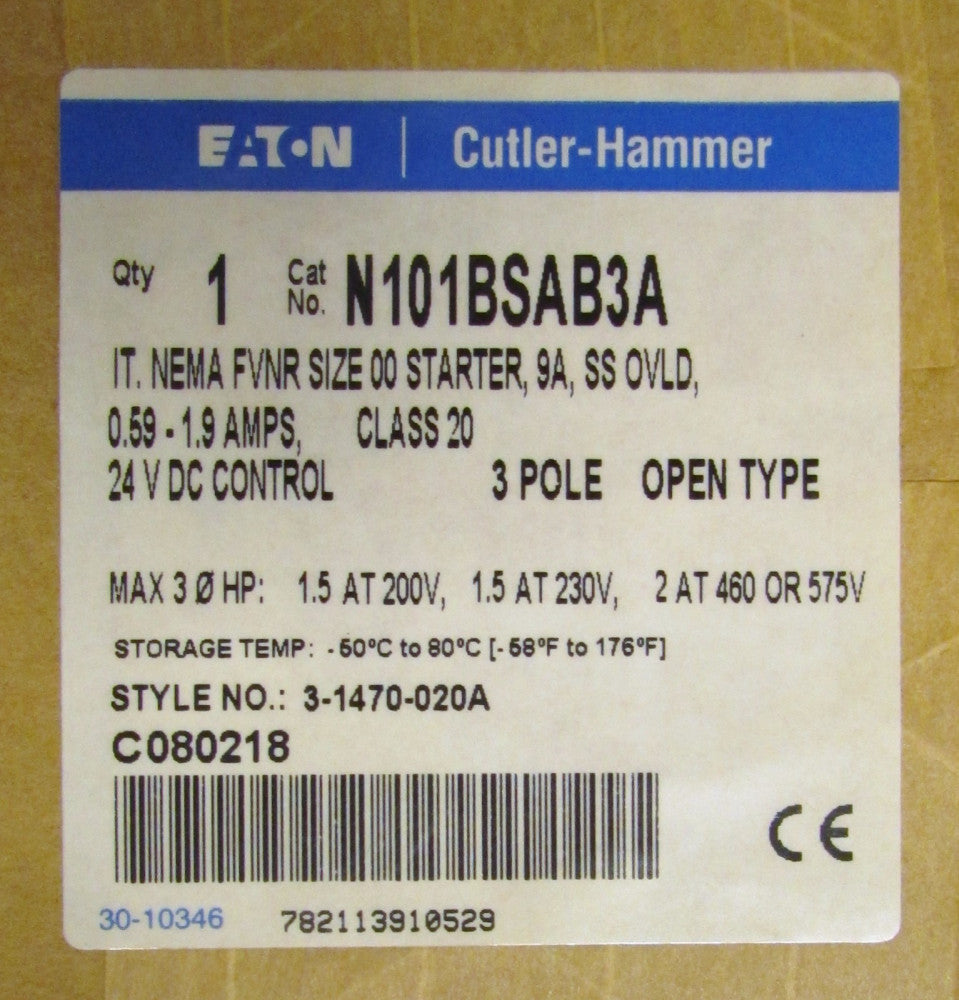 EATON CUTLER HAMMER N101BSAB3A 3 Pole Size 00 9 Amp IT FVNR Starter 3 1470 020A