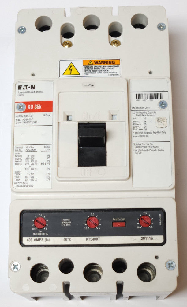 EATON CUTLER HAMMER KD3400 3 Pole 400 AMP Type KD Circuit Breaker