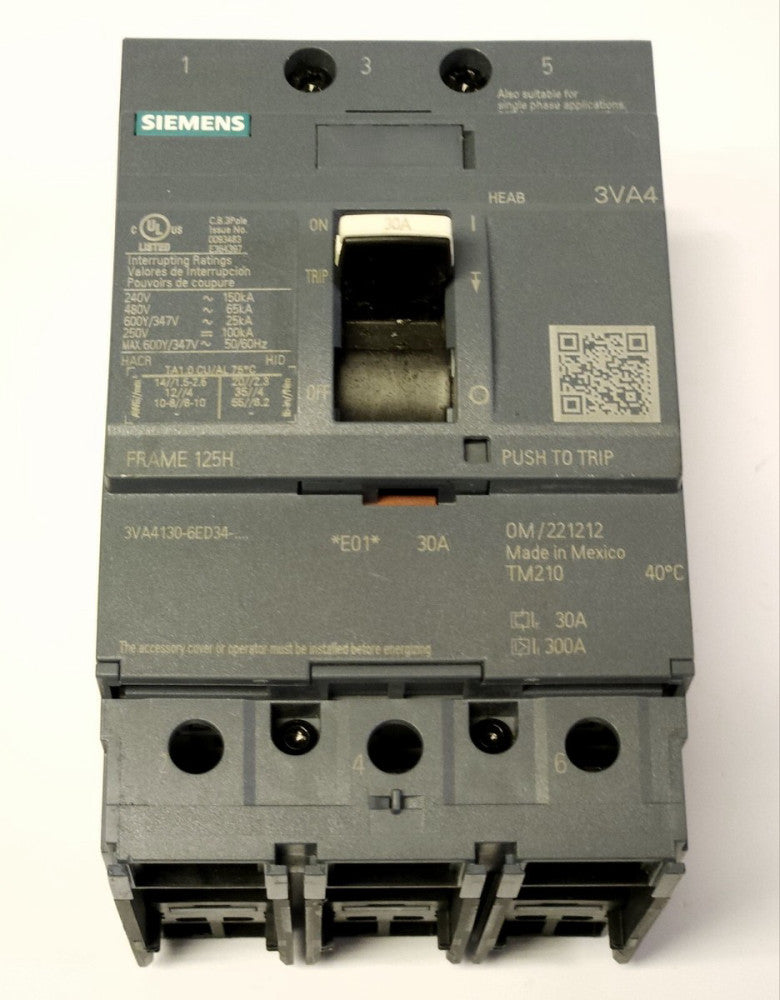 SIEMENS 3VA4130 6ED34 0AA0 3 Pole 30 AMP 3VA4 FRAME 125H