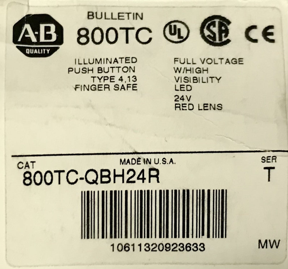 ALLEN BRADLEY 800TC QBH24R 24 VAC VDC Red Illuminated 800T QBH24R Pushbutton