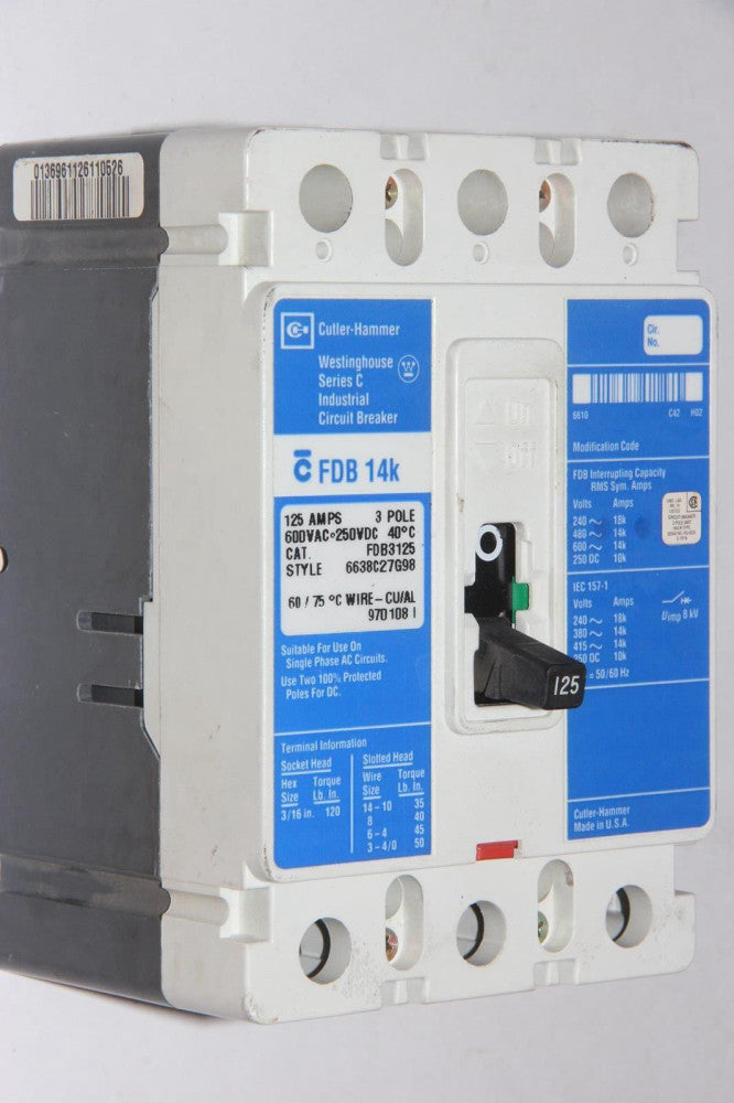 CUTLER-HAMMER FDB3125 125A 600V 3-Pole Feed-Thru Circuit Breaker
