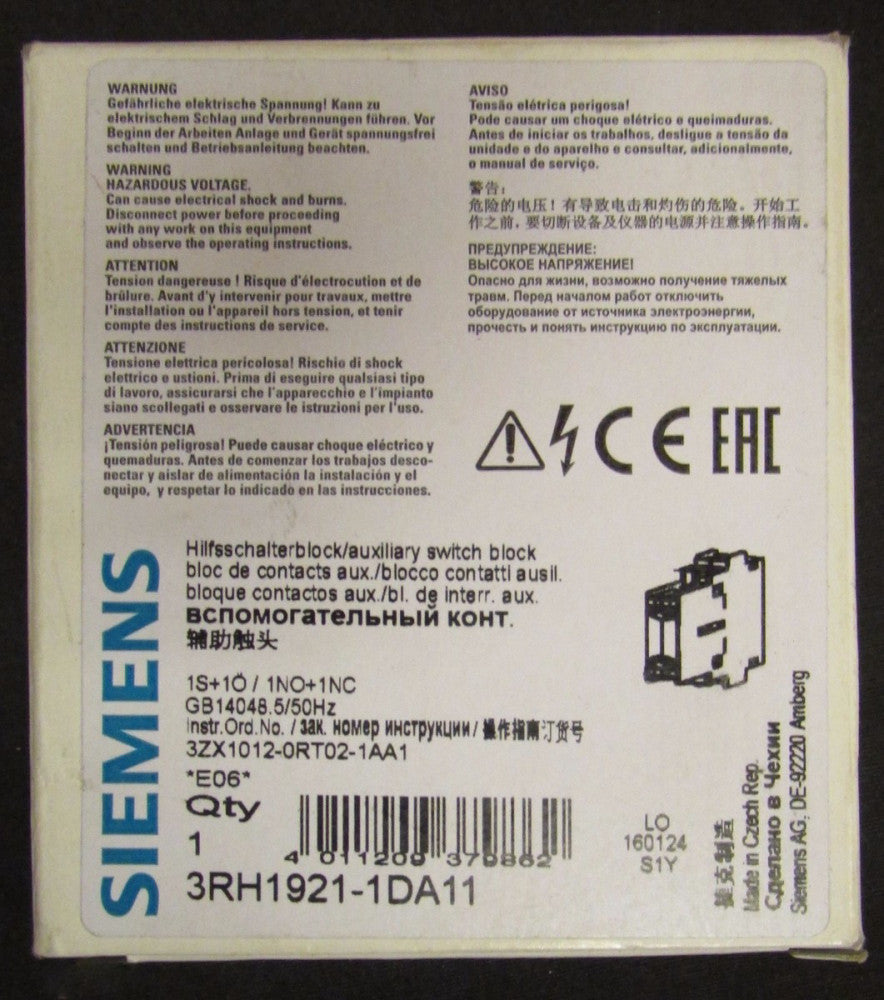 SIEMENS 3RH1921 IDA11 Side Mount Auxiliary Contact 