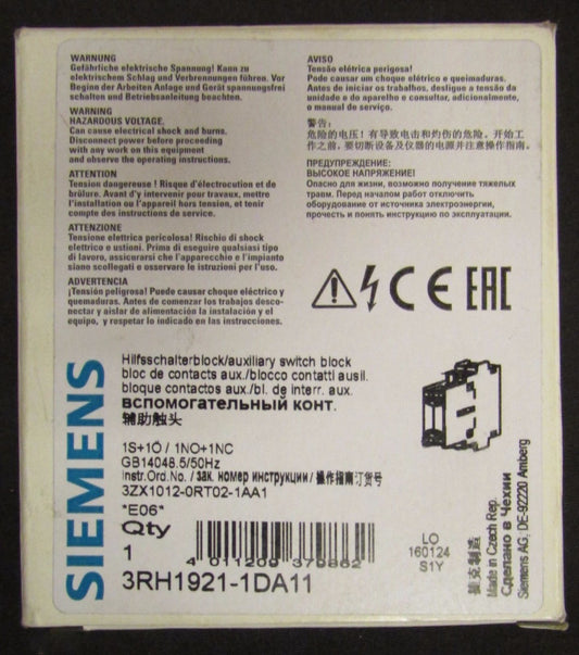 SIEMENS 3RH1921 IDA11 Side Mount Auxiliary Contact 