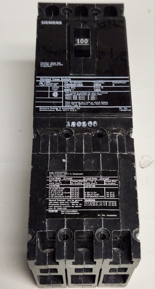 SIEMENS CED63S100A 3 Pole 100 AMP Type CED6 Current Limiting Circuit Breaker