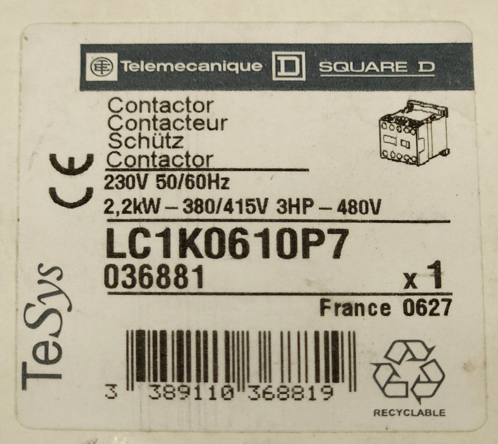 SQUARE D TELEMECANIQUE LC1K0610P7 Miniature Contactor 230 VAC 3 Pole 1 NO