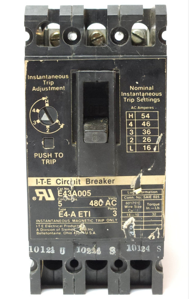 ITE SIEMENS E43A005 3 Pole 5 AMP Type E4-A ETI Circuit Breaker Motor Protector