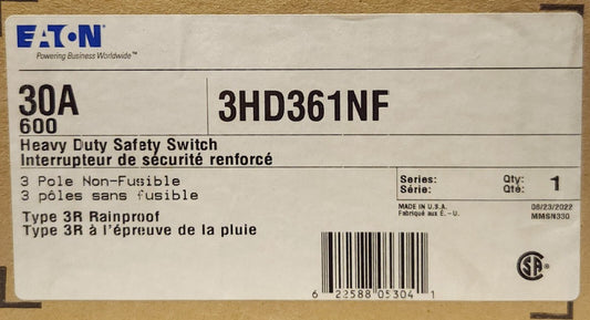 EATON CUTLER HAMMER 3HD361NF 3 Pole 30 AMP Nema 3R Safety Switch 600 VAC Outdoor