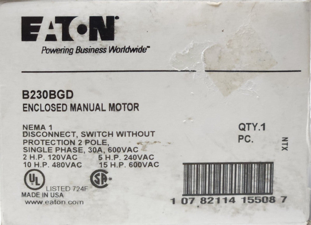 EATON B230BGD Enclosed Manual Starter B230BND Disconnect Switch 2 Pole 30 AMP