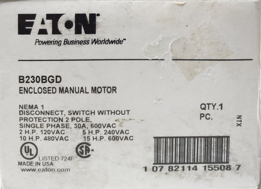 EATON B230BGD Enclosed Manual Starter B230BND Disconnect Switch 2 Pole 30 AMP