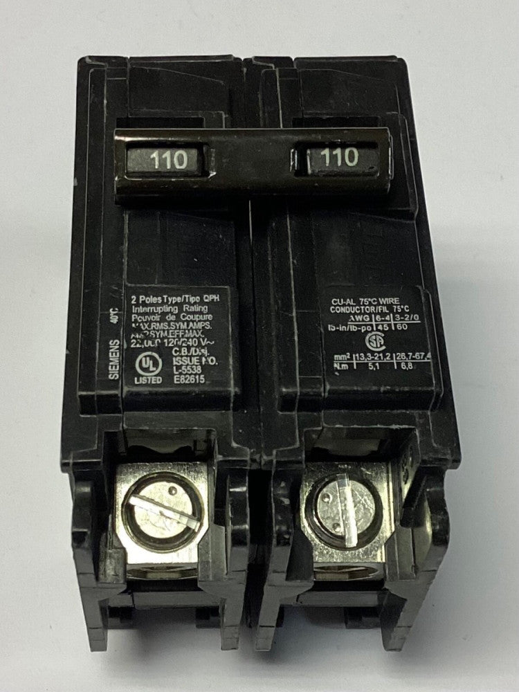 SIEMENS Q2110H 2 Pole 110 AMP Type QPH Circuit Breaker
