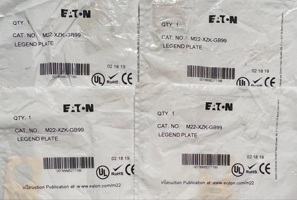 (LOT OF 4) EATON CUTLER HAMMER M22 XZK GB99 Legend Plate EMERGENCY STOP