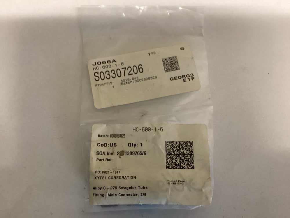 Alloy C-276 Swagelok HC-600-1-6 Male Connector 3/8”