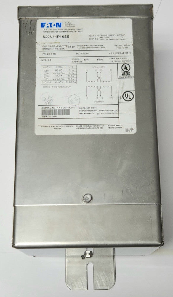 EATON CUTLER HAMMER S20N11P16SS 1.5 KVA Dry Type Power Distribution Transformer