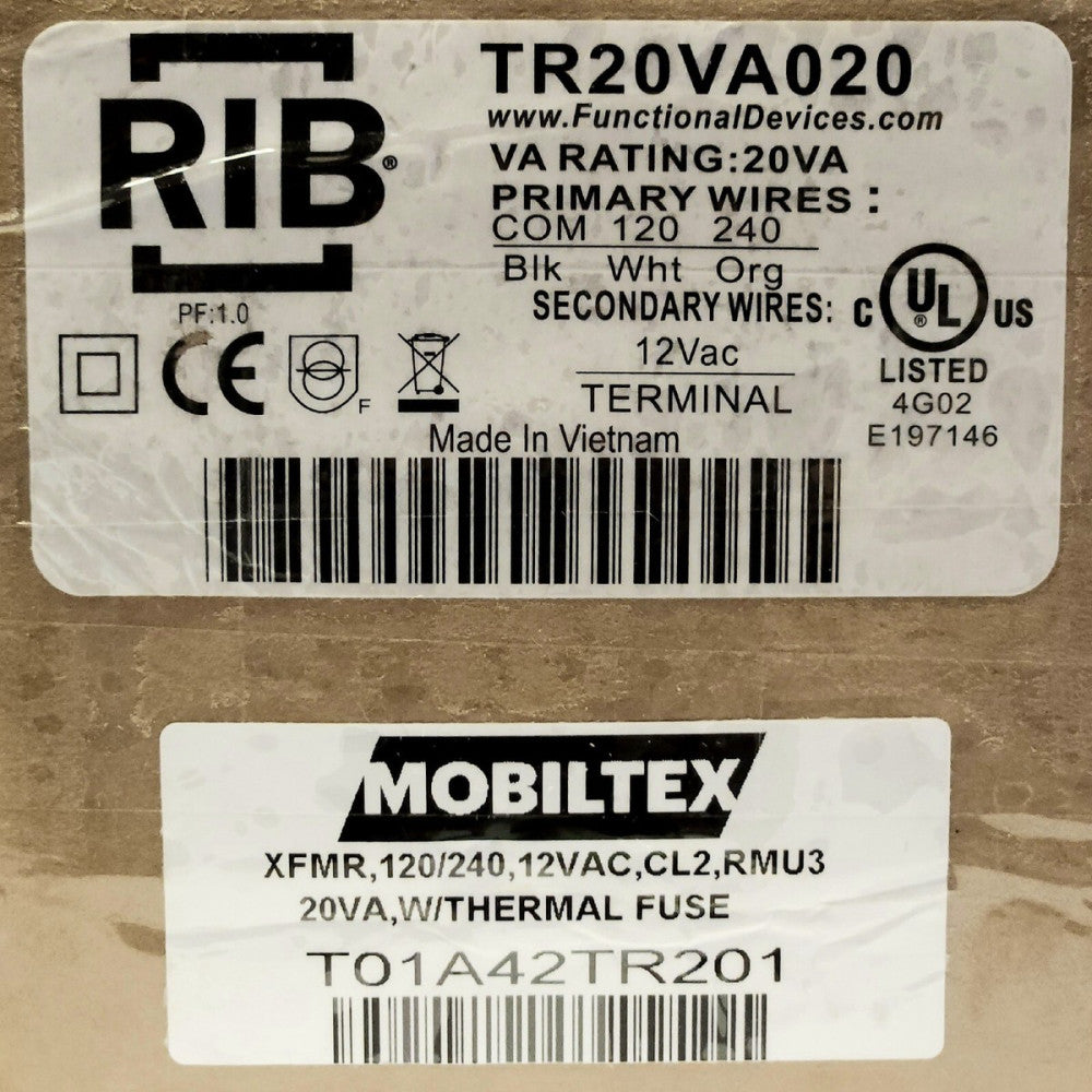 RIB TR20VA020 MOBILTEX T01A42TR201 TRANSFORMER 120 240 12 VAC CL2 RMU3 20 VA