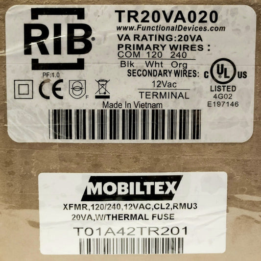 RIB TR20VA020 MOBILTEX T01A42TR201 TRANSFORMER 120 240 12 VAC CL2 RMU3 20 VA