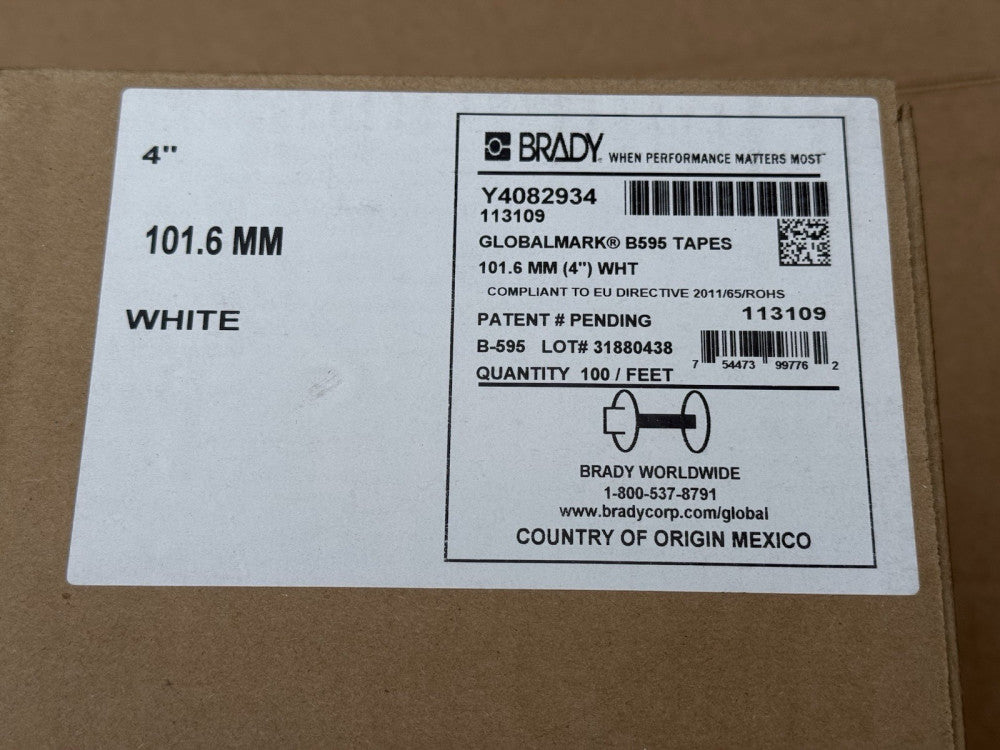Brady 113109 Globalmark B595 Tape Vinyl Labels 4" x 100' WHITE - New