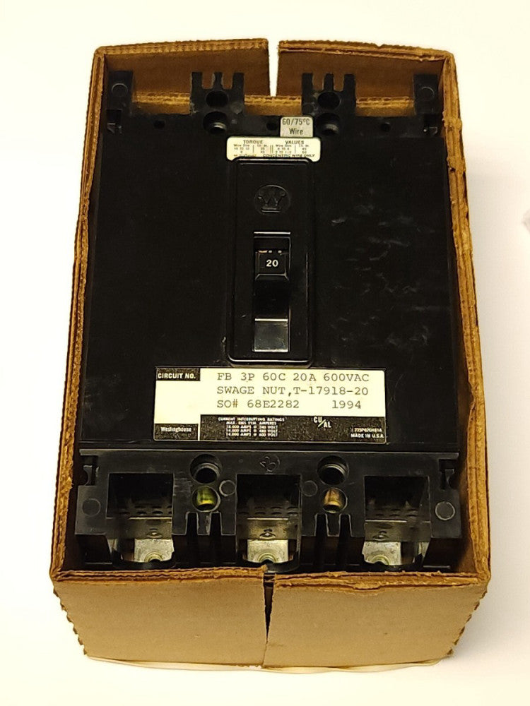 WESTINGHOUSE CUTLER HAMMER FB3020 3 Pole 20 AMP Type FB Circuit Breaker SWAGE