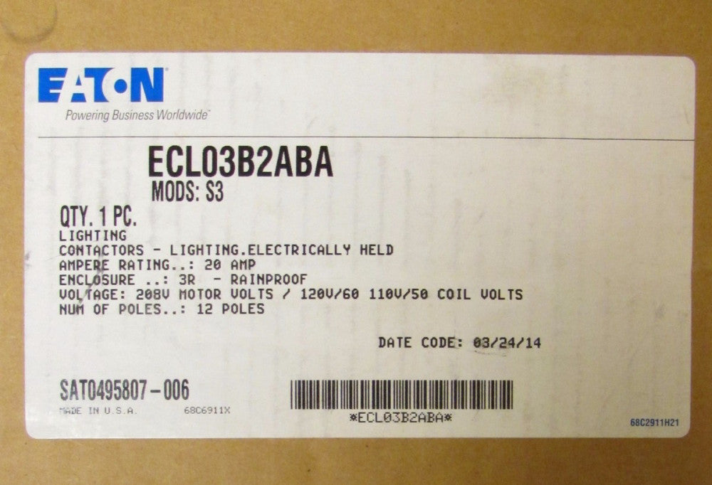 EATON CUTLER HAMMER ECL03B2ABA Lighting Contactor  3R Enclosure Mods: S3