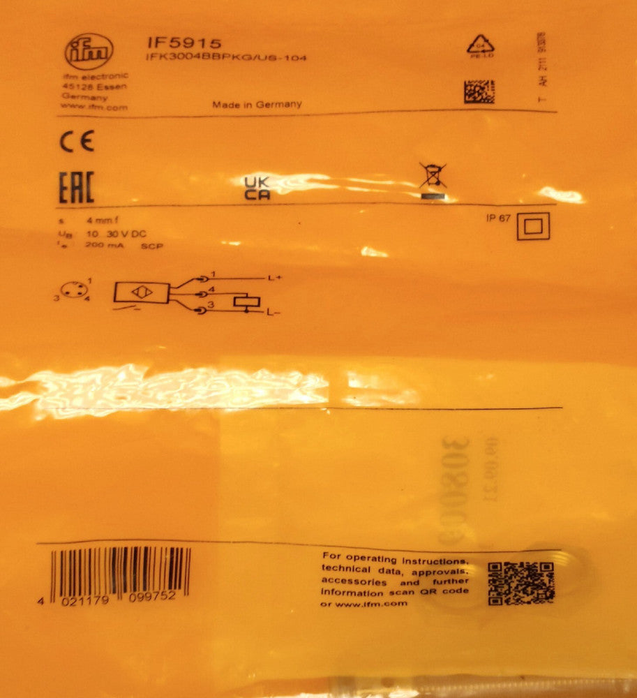 IFM IF5915 IFK3004BBPKG US 104 Proximity Sensor 10-30 VDC 200 MA