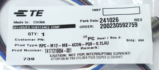 TE CONNECTIVITY T4171210004 001 MOUSER 571-T417 RPC M12 MB 4CON PG9 0.2LAU 4 Pol