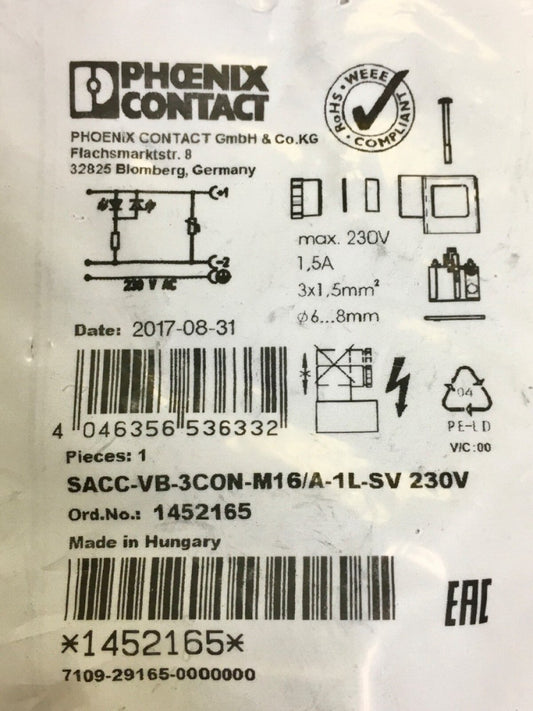 PHOENIX CONTACT SACC VB 3CON M16 A 1L SV 230V Valve Base Connector