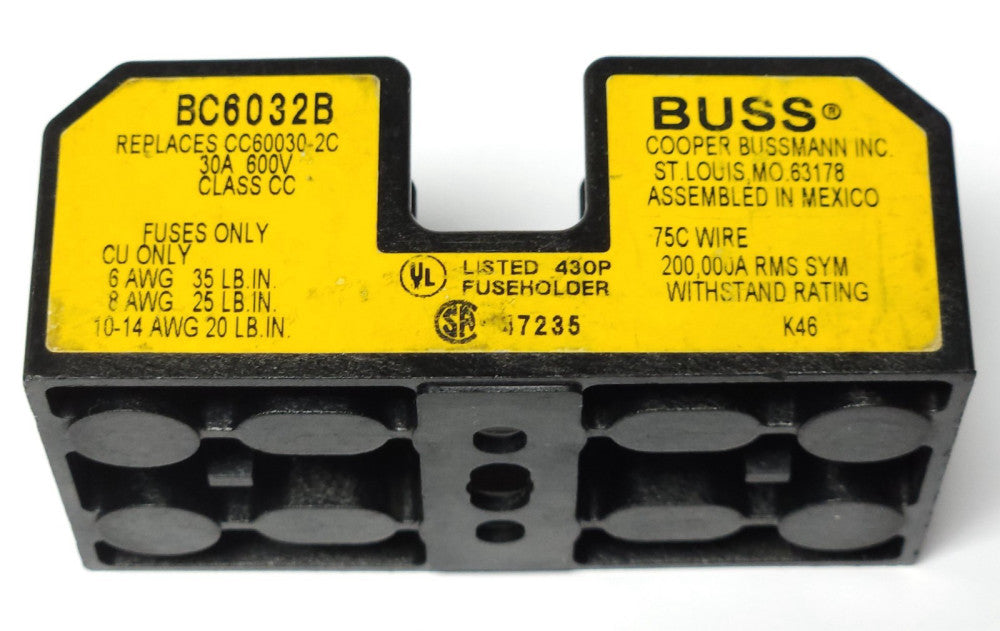 COOPER BUSSMANN BUSS BC6032B 30 AMP 600 VAC 2 Pole Double Fuse Holder Fuse Block