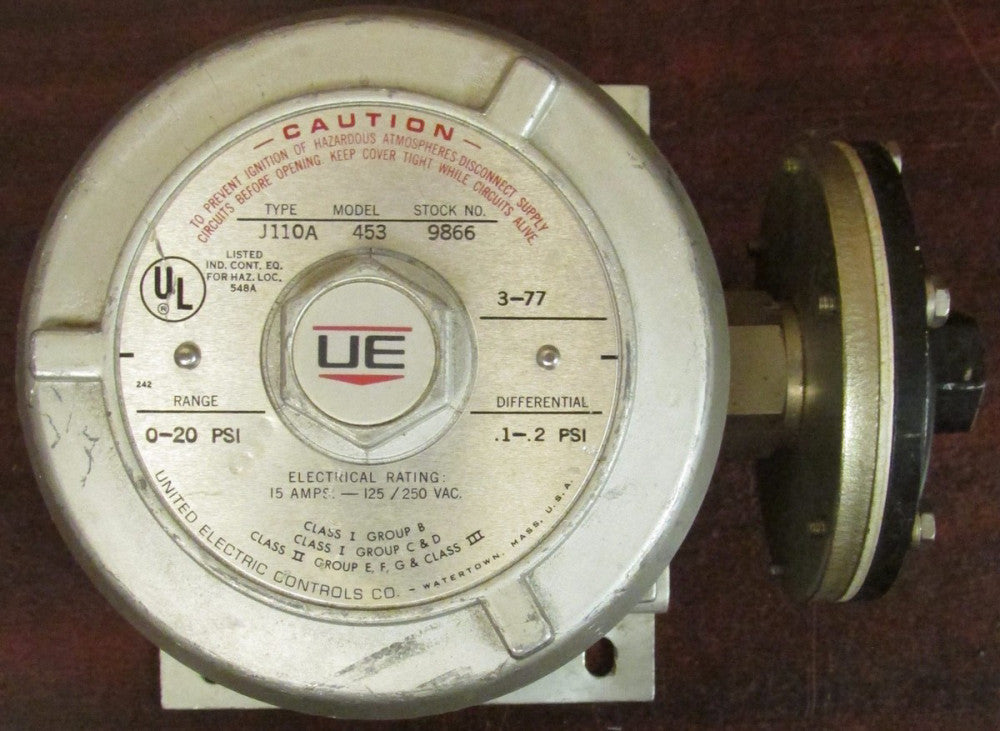 UNITED ELECTRIC J110A 453 9866 0-20 PSI 125 250VAC 15 Amp Pressure Switch
