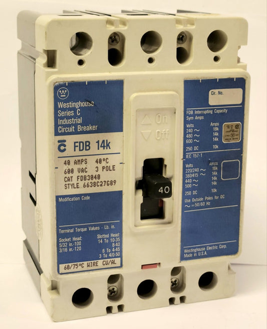 WESTINGHOUSE CUTLER HAMMER FDB3040 3 Pole 40 AMP Type FDB Circuit Breaker