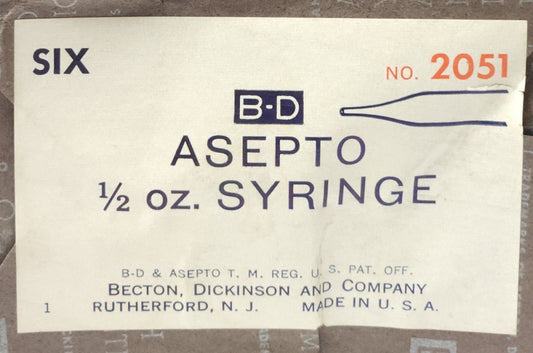 ORIGINAL CASE BOX OF 6 BECTON DICKINSON NO. 251 ASEPTO SYRINGE 1/2 OUNCE VINTAGE