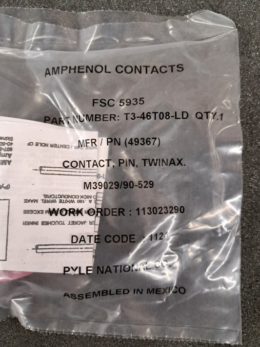 New, Amphenol, T3-46T08-LD, CONTACT PIN SZ 8 CRIMP GOLD