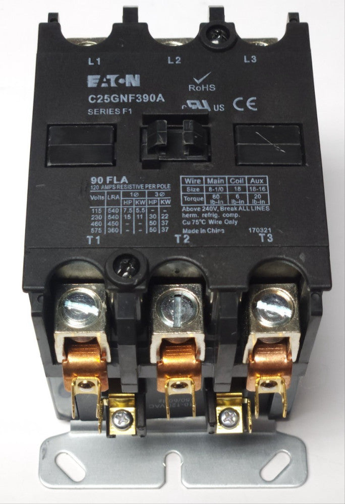 EATON C25GNF390A 3 Pole 90 AMP 120 VAC Definite Purpose Contactor