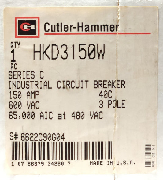 CUTLER HAMMER EATON HKD3150W 3 Pole HKD3150 Circuit Breaker Type HKD WITHOUT LUG