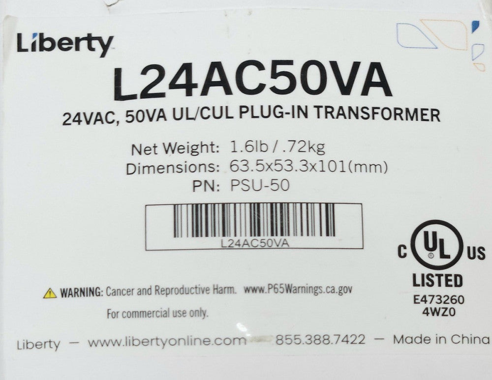 LIBERTY L24AC50VA Plug In Class 2 Transformer 120 VAC 60Hz 60W 24 VAC 50VA PS-D