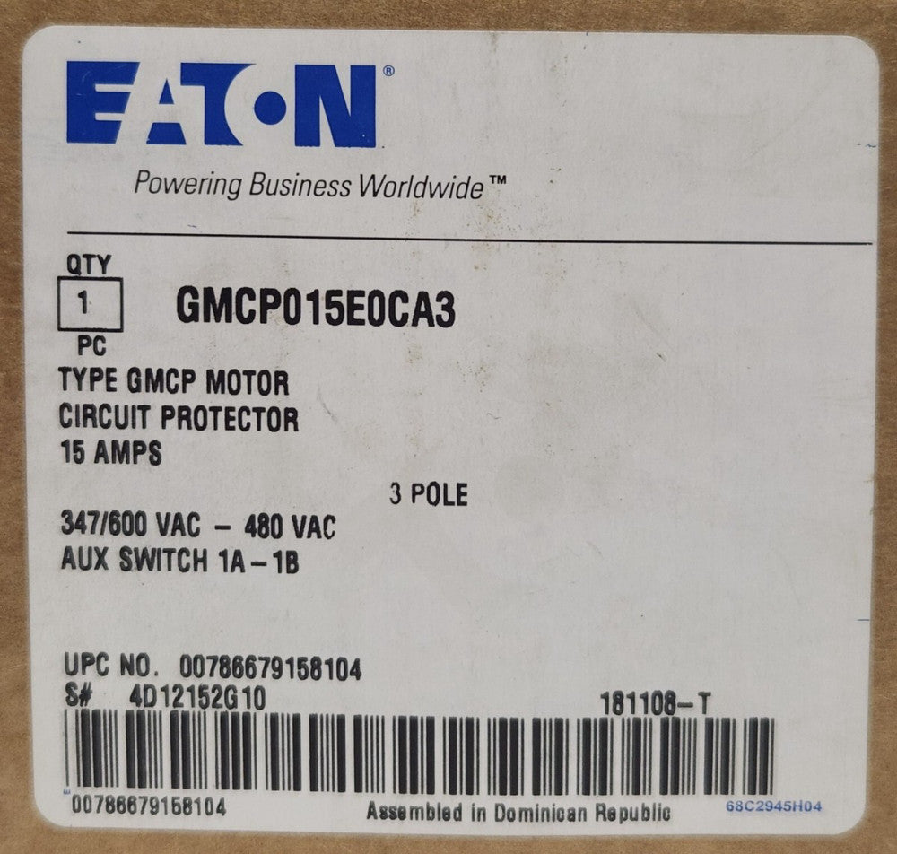 EATON CUTLER HAMMER GMCP015E0CA3 15 AMP GMCP Motor Circuit Protector 1A 1B Aux