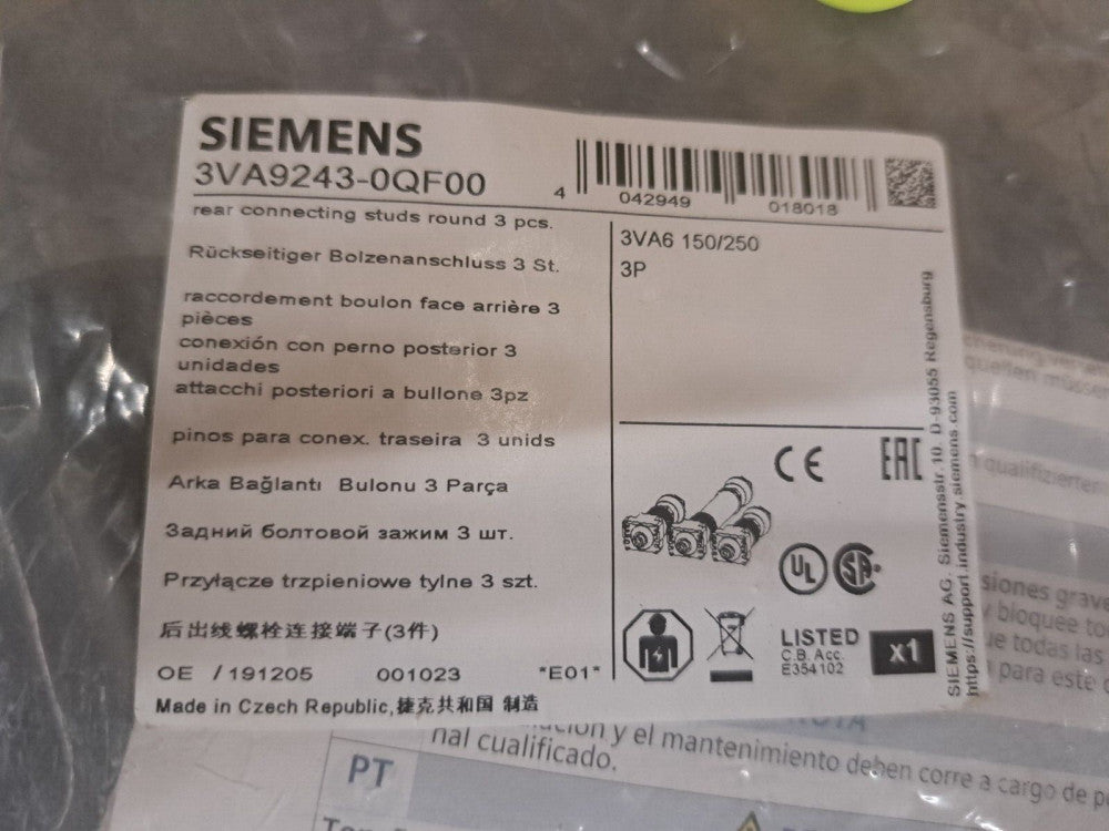 New, Siemens, 3VA9243-0QF00, Breaker, Molded Case, 3VA6 250 REAR CON STUD ROUND 