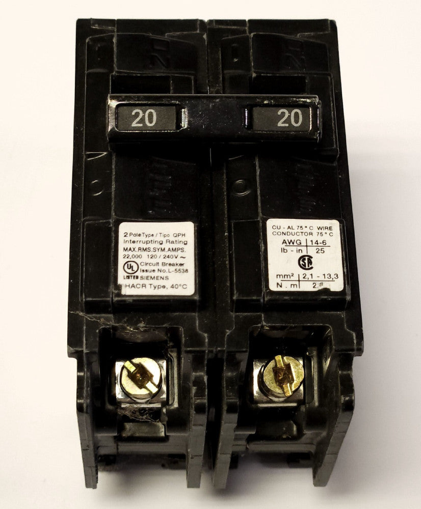SIEMENS Q220H 2 Pole 20 AMP Type QPH Circuit Breaker