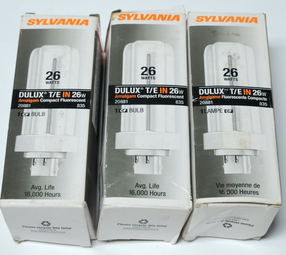 LOT OF 3 SYLVANIA 20881 DULUX T/E IN 24W FLUORESCENT LAMP GX24Q-3 CF26DT/E/IN/83