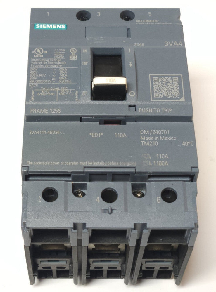SIEMENS 3VA4111 4ED34 0AA0 3 Pole 110 AMP SEAB 3VA4 Circuit Breaker Frame 125S