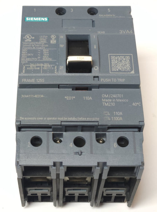 SIEMENS 3VA4111 4ED34 0AA0 3 Pole 110 AMP SEAB 3VA4 Circuit Breaker Frame 125S