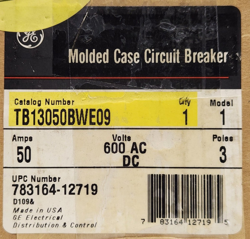 GENERAL ELECTRIC TB13050BWE09 3 Pole 50 AMP Type TB TRI Break Circuit Breaker