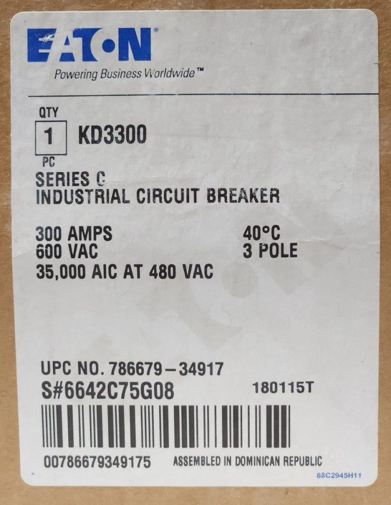 EATON CUTLER HAMMER KD3300 3 Pole 300 AMP Type KD Circuit Breaker